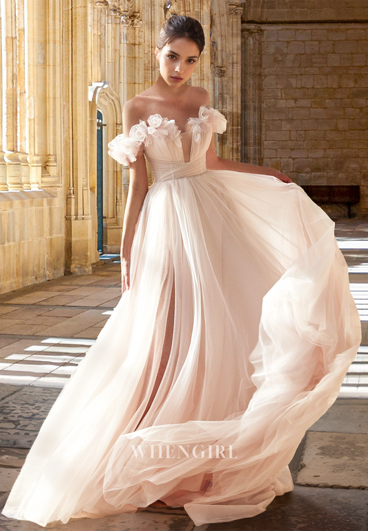 Elegant Off-Shoulder A-Line Side Slit Train Lace Pleats Wedding Dress with Floral Bridal Gown