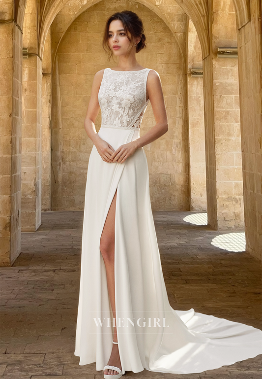 Charming Bateau Straps Sleeveless Sheath Train Appliques Pleats Bridal Gowns with Slit