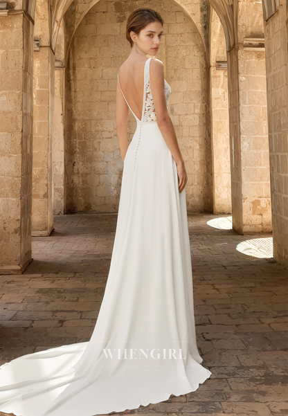 Charming Bateau Straps Sleeveless Sheath Train Appliques Pleats Bridal Gowns with Slit