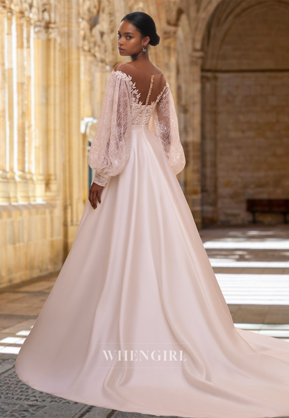 Luxurious Sweetheart A-Line Long Sleeves Side Slit Train Appliques Satin Wedding Dress with Beaded