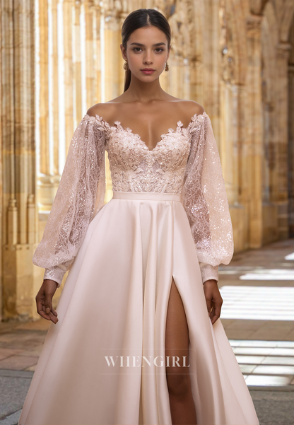 Luxurious Sweetheart A-Line Long Sleeves Side Slit Train Appliques Satin Wedding Dress with Beaded