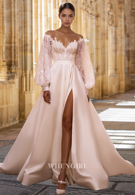 Luxurious Sweetheart A-Line Long Sleeves Side Slit Train Appliques Satin Wedding Dress with Beaded