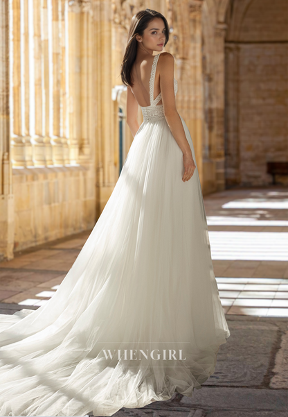 Bohemian A-Line V-Neck Straps Waist Appliques Lace Pleats Beach Wedding Dress with Slit