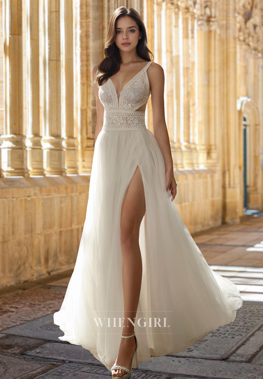 Bohemian A-Line V-Neck Straps Waist Appliques Lace Pleats Beach Wedding Dress with Slit