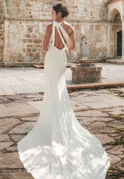 Elegant One Shoulder Sleeveless High Slit Sheath Satin Pleats Wedding Dress with Bow