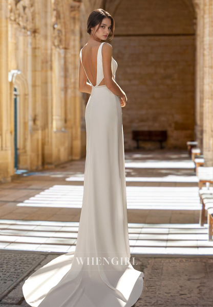 Sexy V-Neck Straps Sheath Sweep Train Sleeveless Two Piece Wedding Dress with Beaded Bridal Gown