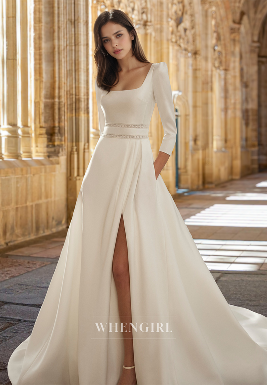 Casual Square Neck A-Line Long Sleeves Side Slit Satin Pleated Wedding Dress with Pockets