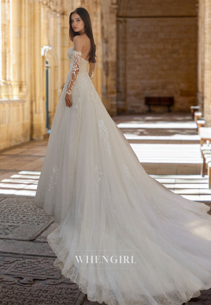 Glamorous A-Line Tube Top Long Sleeves Court Train Pleated Lace Wedding Dress with Appliques Bridal Gown