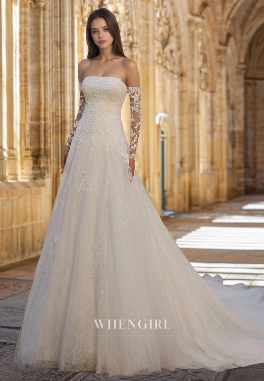 Glamorous A-Line Tube Top Long Sleeves Court Train Pleated Lace Wedding Dress with Appliques Bridal Gown
