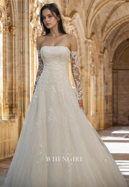 Glamorous A-Line Tube Top Long Sleeves Court Train Pleated Lace Wedding Dress with Appliques Bridal Gown