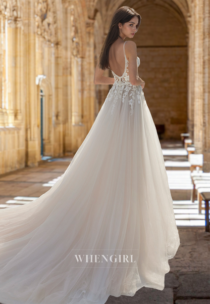 A-Line V-Neck Straps Side Slit Train Appliques Lace Beach Wedding Dress Boho Gown with Bows