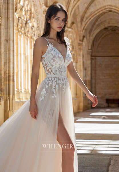 A-Line V-Neck Straps Side Slit Train Appliques Lace Beach Wedding Dress Boho Gown with Bows