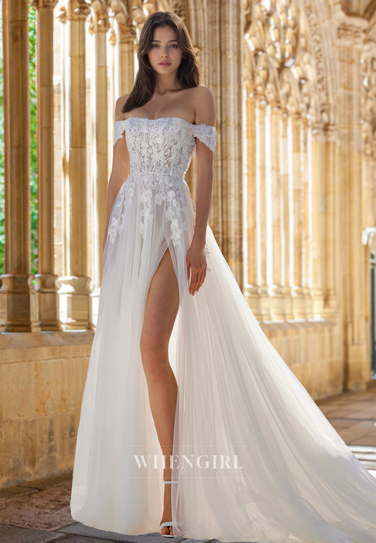 Bohemian Off-Shoulder Sleeveless A-Line Appliques Lace Pleats Beach Wedding Dress with Train