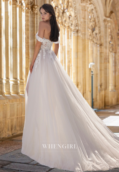 Bohemian Off-Shoulder Sleeveless A-Line Appliques Lace Pleats Beach Wedding Dress with Train