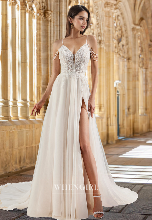 Spaghetti Straps A-Line High Slit Train Lace Pleats Wedding Dress Long Bridal Dress with Appliques
