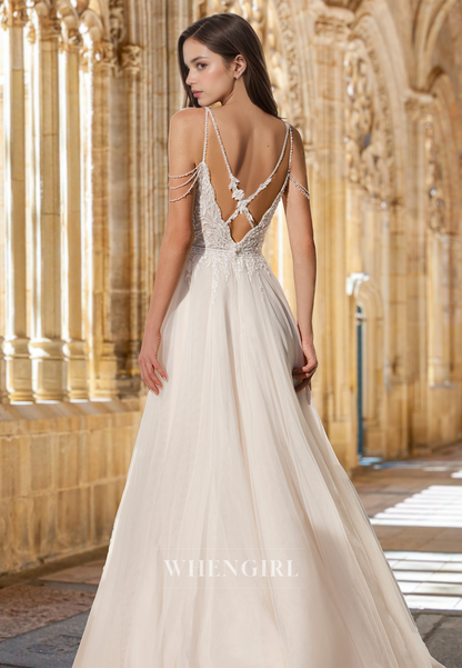 Spaghetti Straps A-Line High Slit Train Lace Pleats Wedding Dress Long Bridal Dress with Appliques