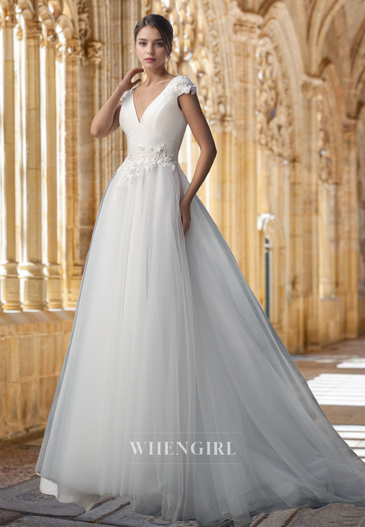 A-Line V-Neck Cap Sleeves Sweep Train Lace Pleats Long Wedding Dress Bridal Gown with Appliques
