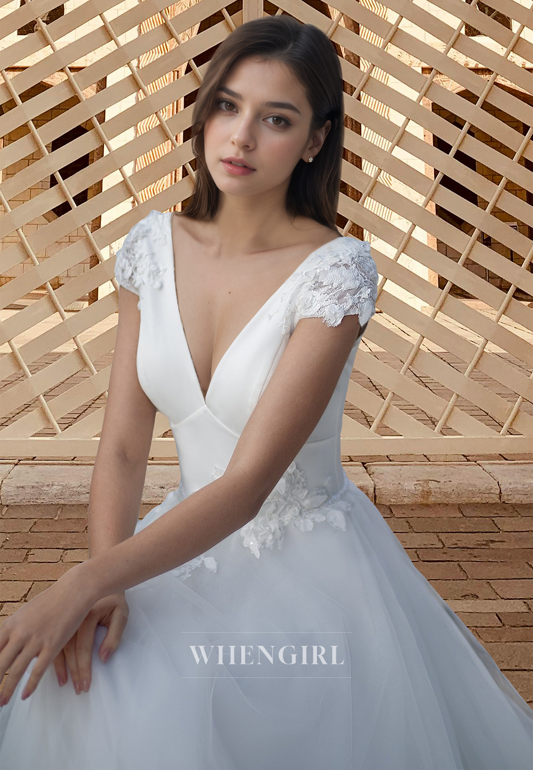A-Line V-Neck Cap Sleeves Sweep Train Lace Pleats Long Wedding Dress Bridal Gown with Appliques