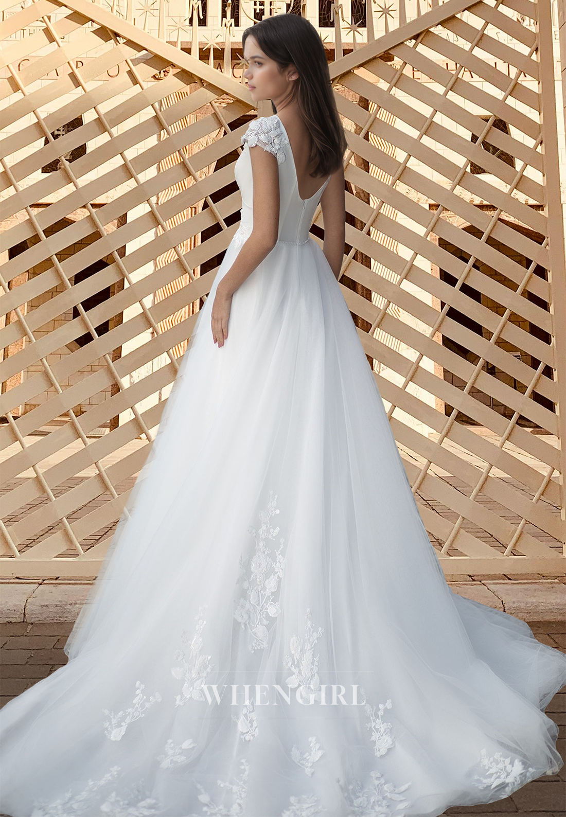A-Line V-Neck Cap Sleeves Sweep Train Lace Pleats Long Wedding Dress Bridal Gown with Appliques