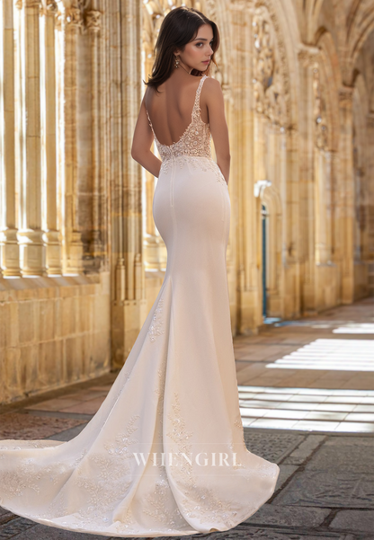 Romantic V-Neck Straps Fitted Satin Appliques Long Wedding Dress with Train Bridal Gown