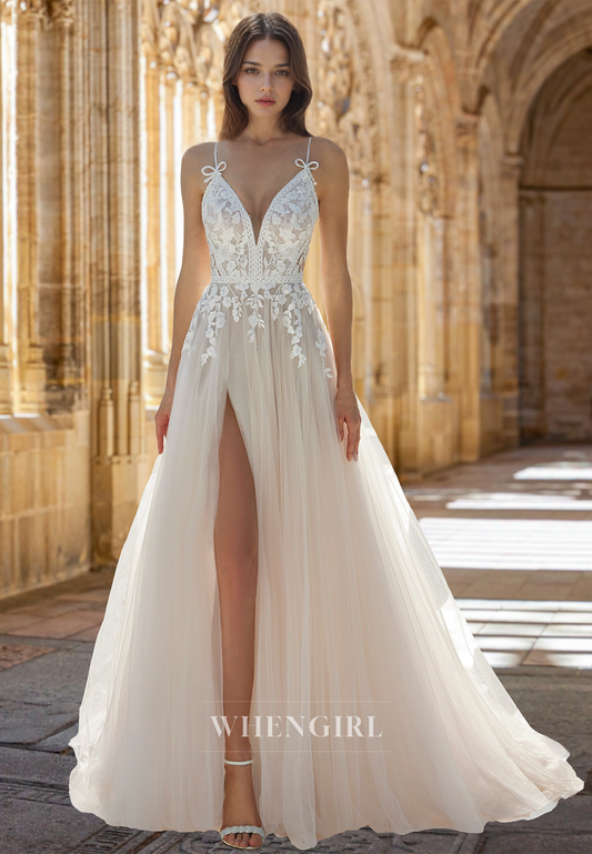 A-Line V-Neck Straps Side Slit Train Appliques Lace Beach Wedding Dress Boho Gown with Bows