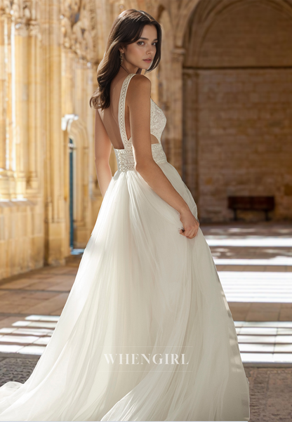 Bohemian A-Line V-Neck Straps Waist Appliques Lace Pleats Beach Wedding Dress with Slit