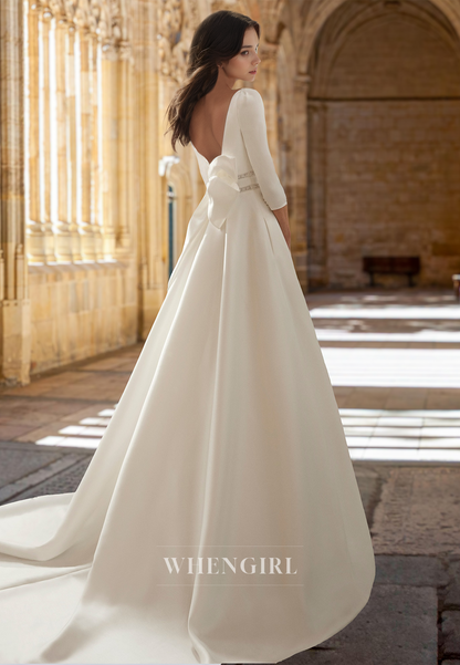 Casual Square Neck A-Line Long Sleeves Side Slit Satin Pleated Wedding Dress with Pockets