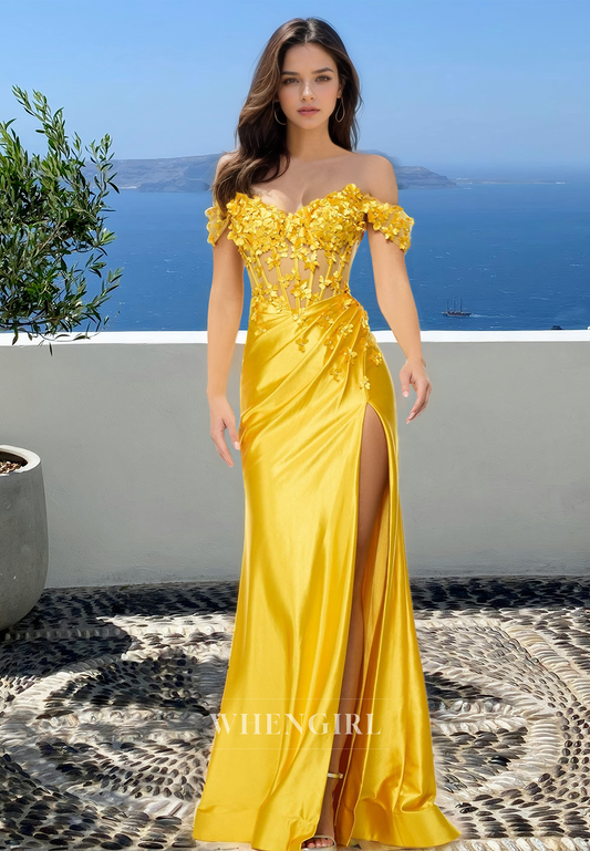 Off-Shoulder Sheath Side Slit Train Satin Pleats Long Prom Formal Dress with Floral