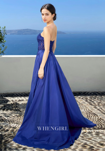 Elegant A-Line Strapless Stripe Appliques Satin Satin Pleats  Prom Party Dress with Beaded