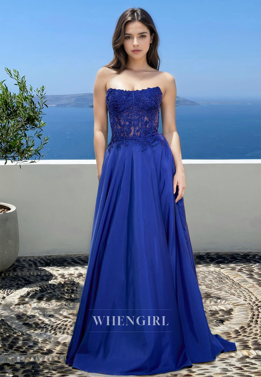 Elegant A-Line Strapless Stripe Appliques Satin Satin Pleats  Prom Party Dress with Beaded