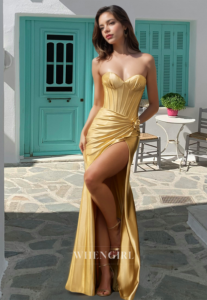 Elegant Sweetheart Sheath Side Slit Pleats Satin Party Evening Dress with Floral