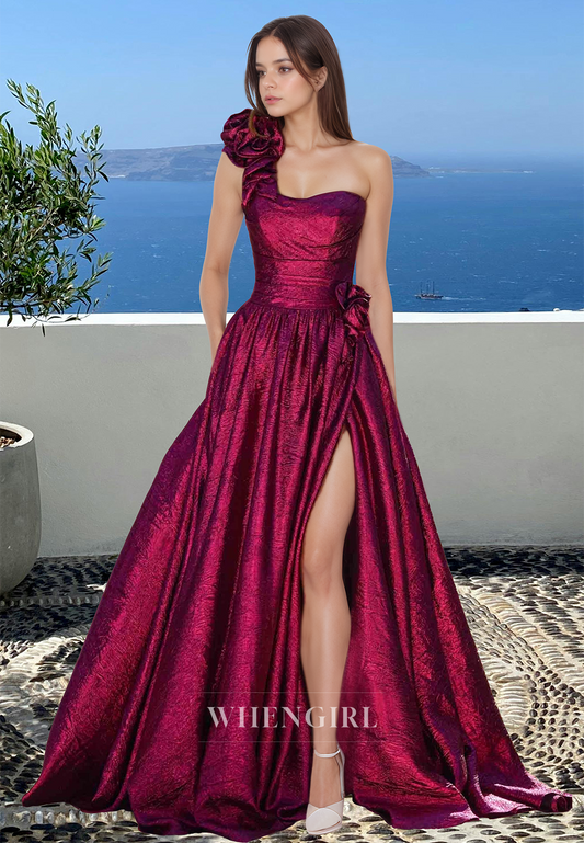 Graceful One Shoulder A-Line Sleeveless Pleated Floral Prom Dress with Slit Party Gown
