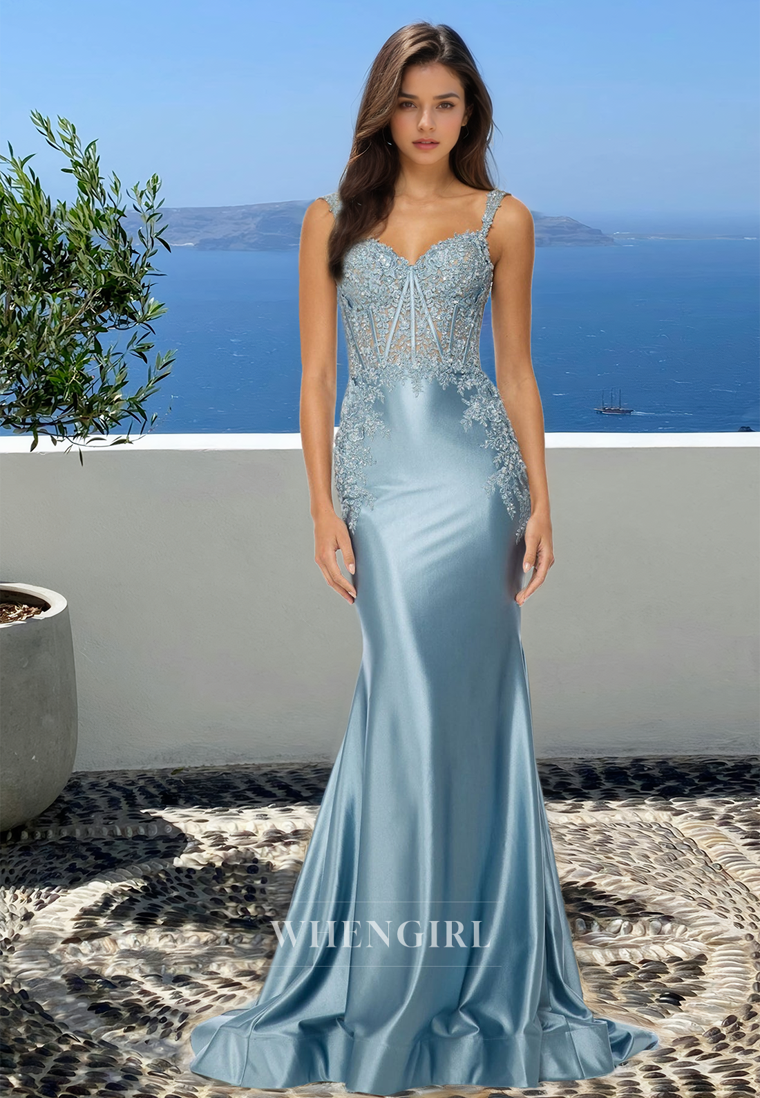 Sweetheart Straps Mermaid Sweep Train Stripe Satin Formal Party Gown with Appliques