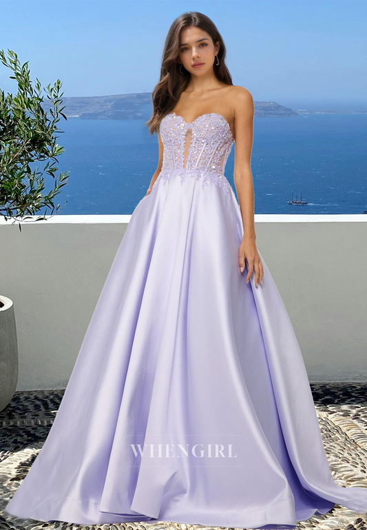 Elegant A-Line Sweetheart Sleeveless Satin Pleated Long Prom Formal Dress with Appliques