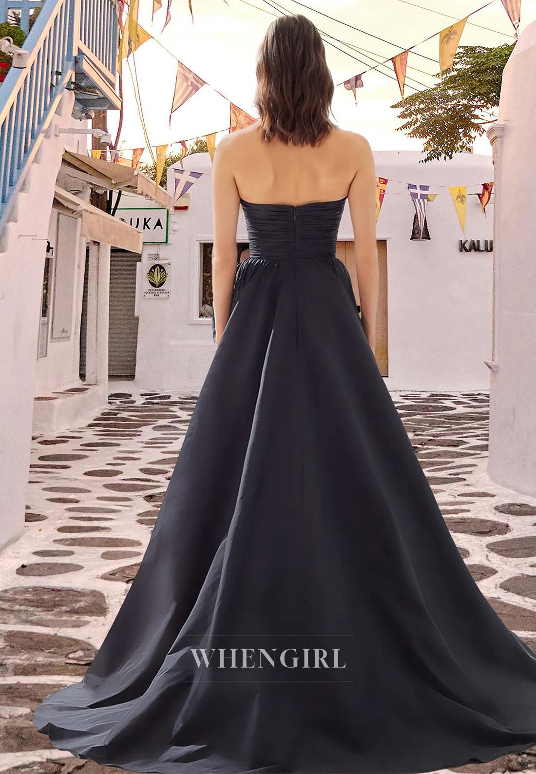 Elegant Tube Top A-Line Satin Ruched Floral Long Prom Formal Evening Dress with Slit