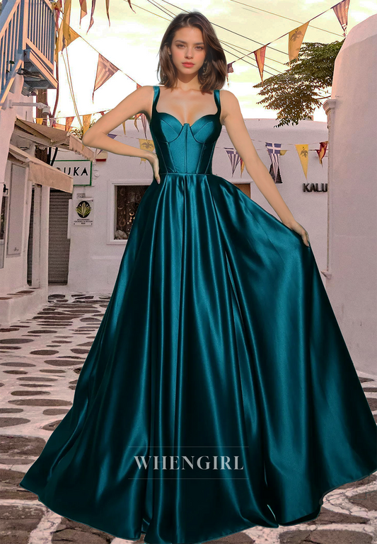 A-Line Sweetheart Straps Sleeveless Pleated Satin Prom Formal Gown with Train