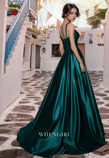 A-Line Sweetheart Straps Sleeveless Pleated Satin Prom Formal Gown with Train