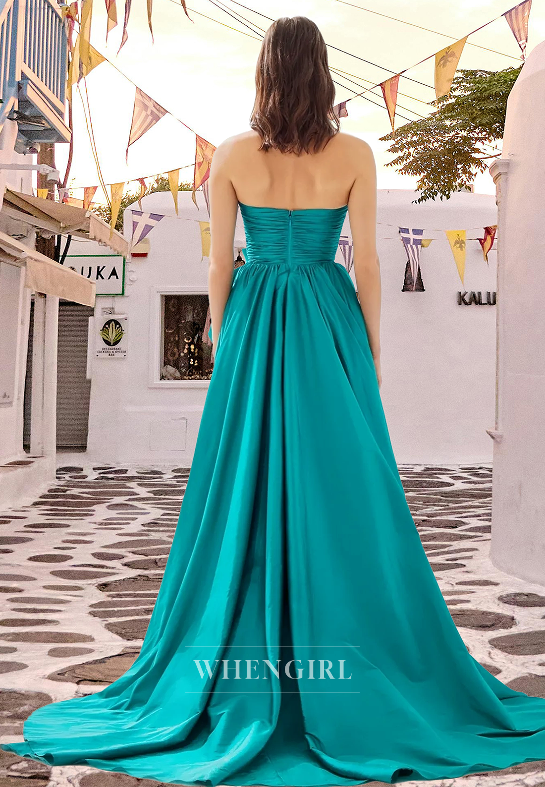 Elegant Tube Top A-Line Satin Ruched Floral Long Prom Formal Evening Dress with Slit