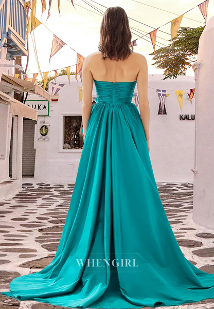 Elegant Tube Top A-Line Satin Ruched Floral Long Prom Formal Evening Dress with Slit