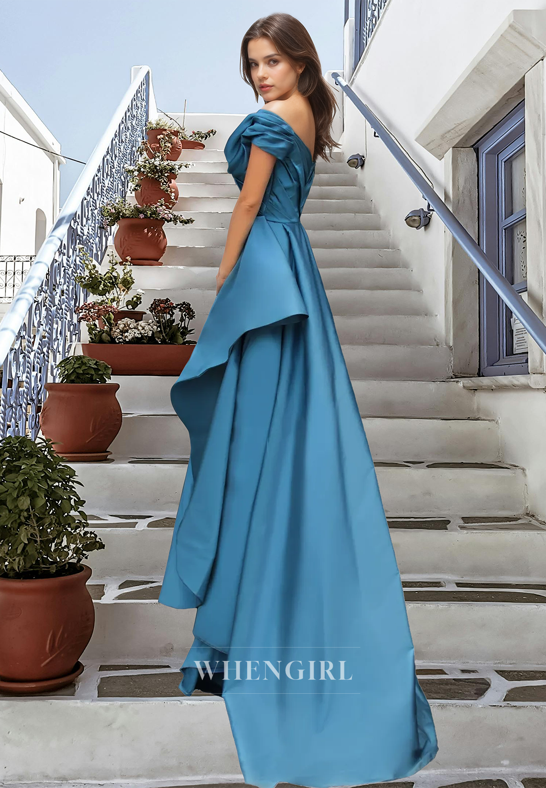 Low V-Neck Sleeveless Sweep Train Pleated Satin Formal Party Dress with High Slit