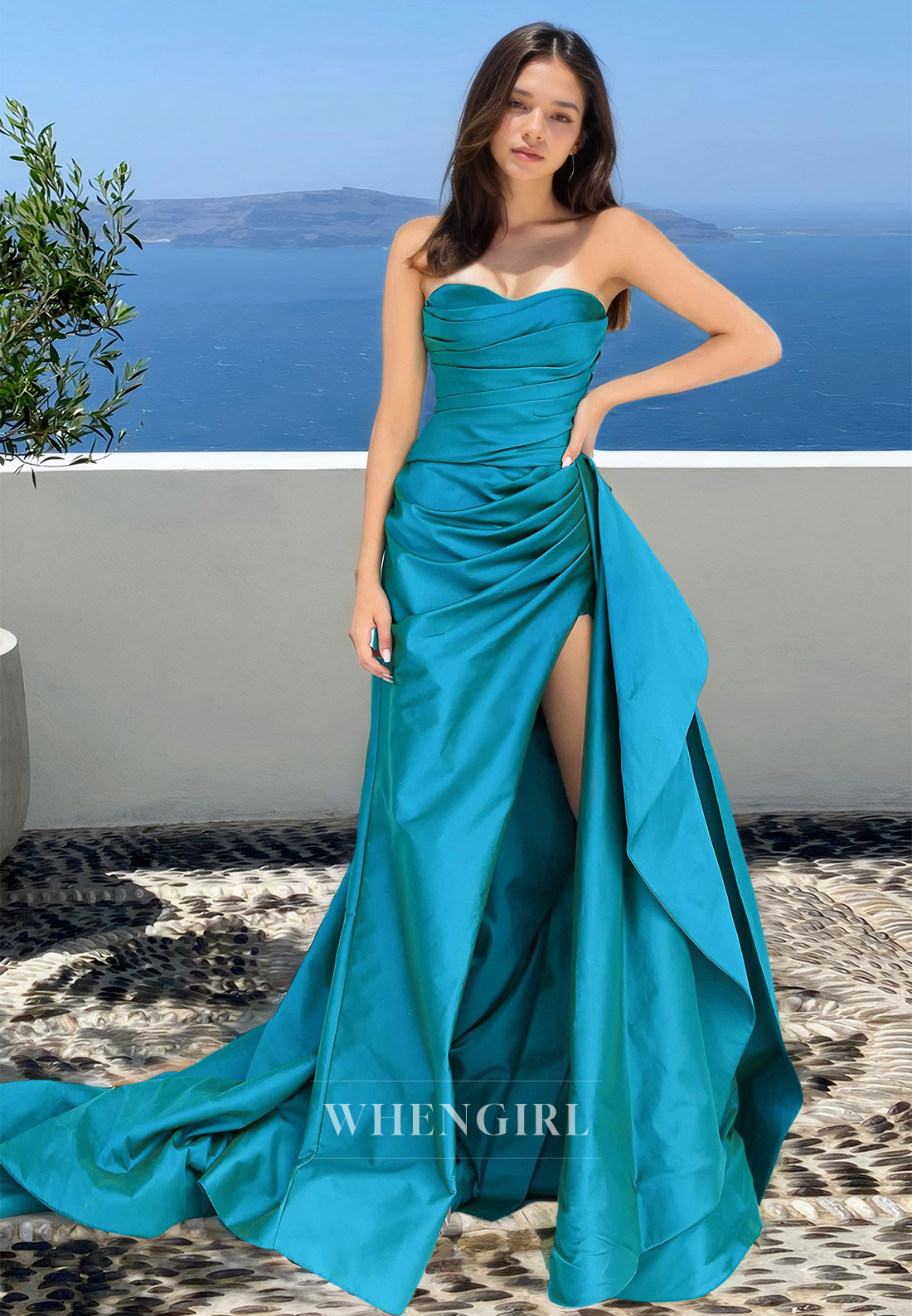 Graceful Tube Top Sheath Party Dress Sleeveless Satin Pleated Prom Gown with Slit