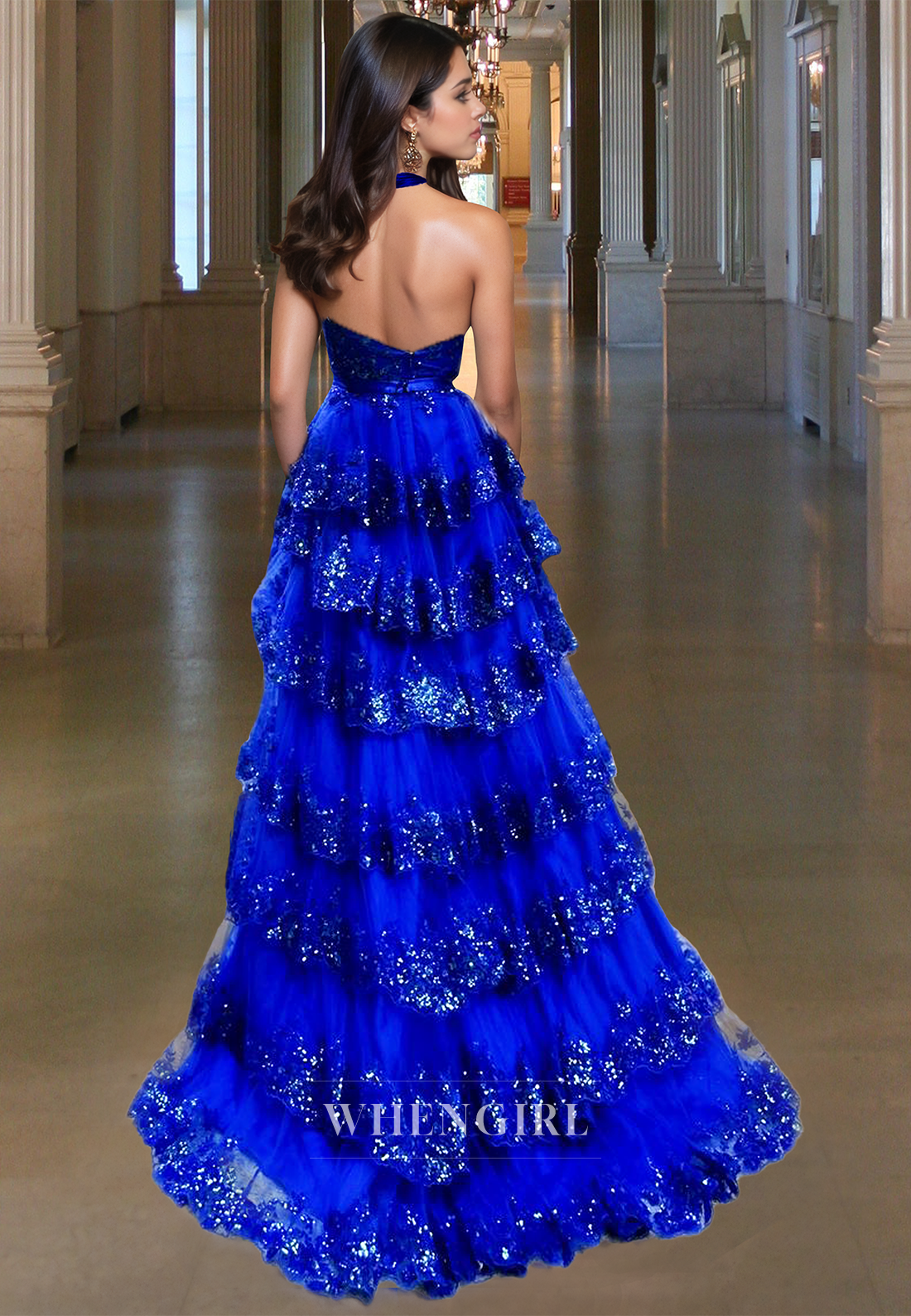 Halter V-Neck Sleeveless A-Line Side Slit Sparkly Appliques Tiered Party Dress with Bows