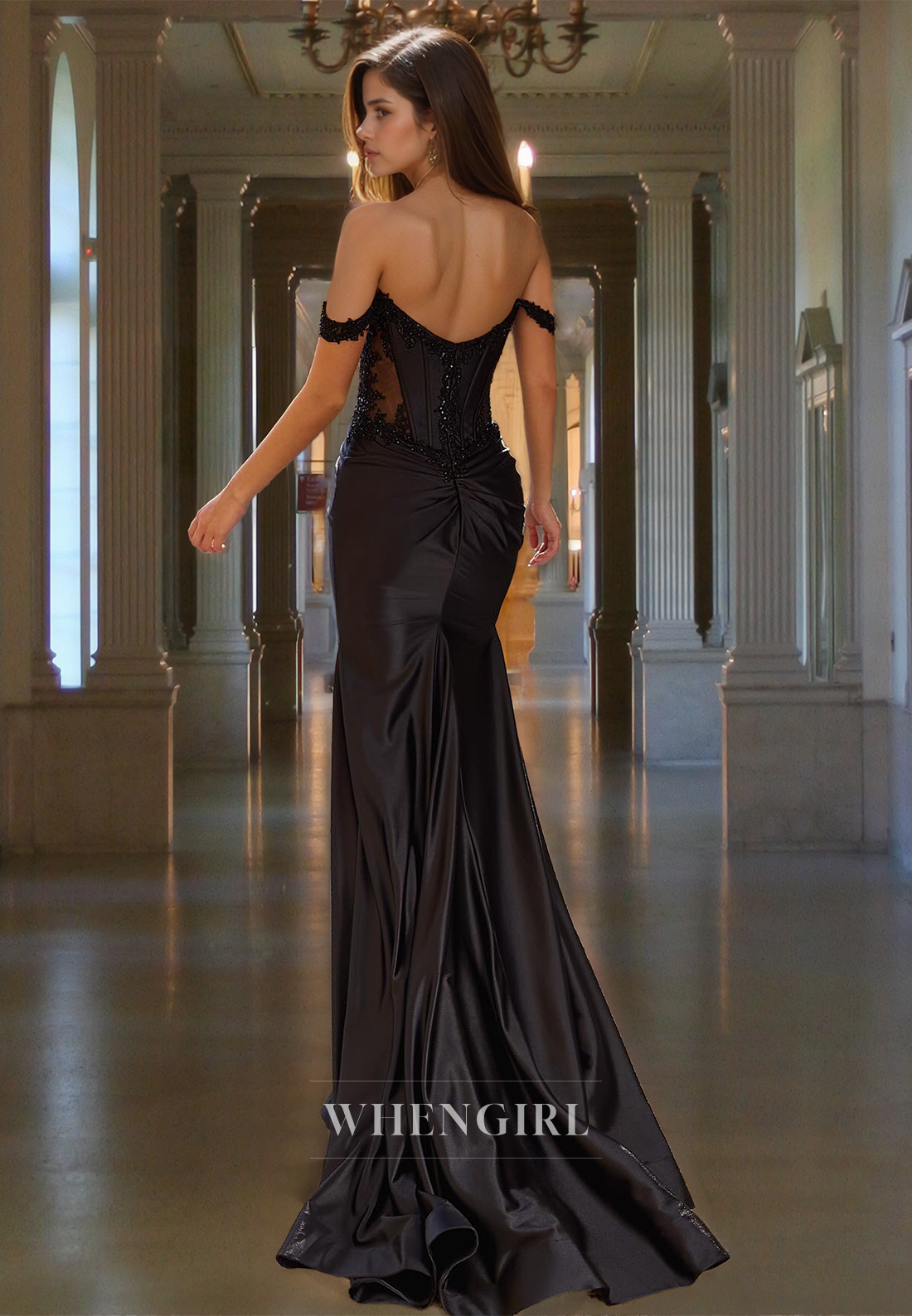 Elegant Empire Waist Off Shoulder Satin Fitted Long  Formal Dress with Appliques Evening Gown