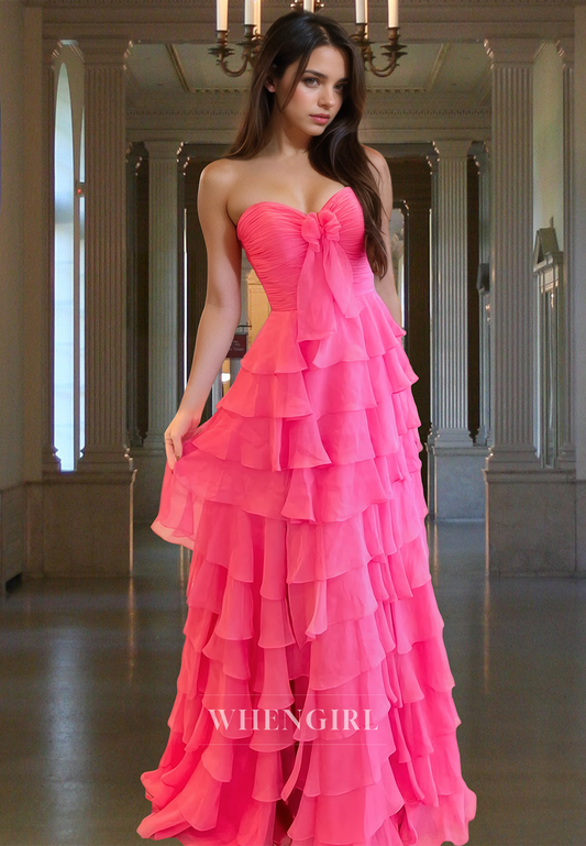 A-Line Sweetheart Side Slit Pleated Tiered Ball Gowns Party Formal Dress with Bows