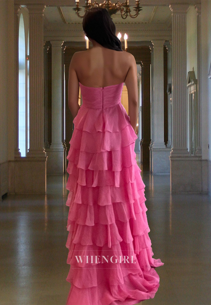 A-Line Sweetheart Side Slit Pleated Tiered Ball Gowns Party Formal Dress with Bows