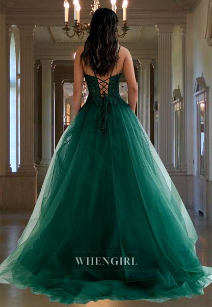 Striking A-Line Spaghetti Straps Side Slit Pleats Glitter Appliques Party Formal Gown with Beads