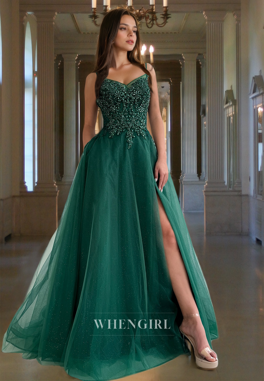 Striking A-Line Spaghetti Straps Side Slit Pleats Glitter Appliques Party Formal Gown with Beads