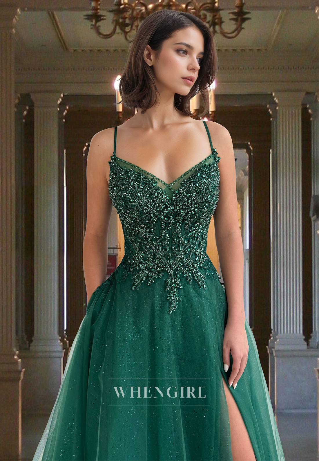 Striking A-Line Spaghetti Straps Side Slit Pleats Glitter Appliques Party Formal Gown with Beads
