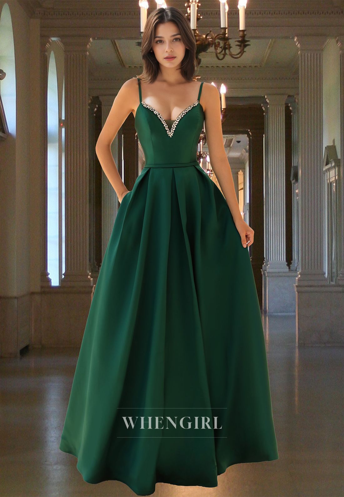 Elegant A-Line Spaghetti Straps V-Neck Satin Pleats Beaded Formal Prom Dress with Pockets