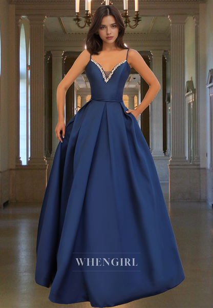 Elegant A-Line Spaghetti Straps V-Neck Satin Pleats Beaded Formal Prom Dress with Pockets